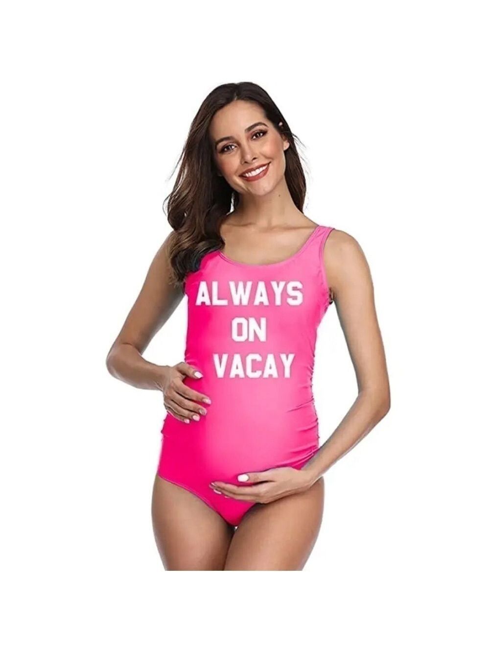 Summer Mae maternity Swimsuit Pink White One Piece “Always On Vacay” Size S